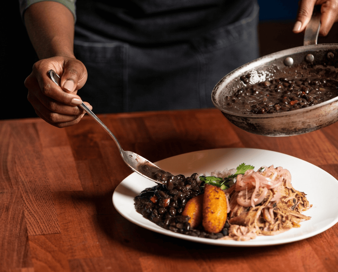 Black beans, rice, chicken and plantain for private villa dining